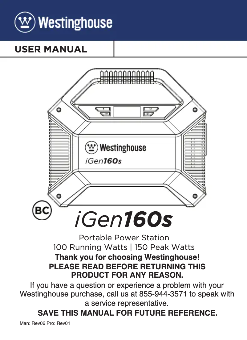 Page n°1 - Manuel utilisateur Westinghouse iGen160s