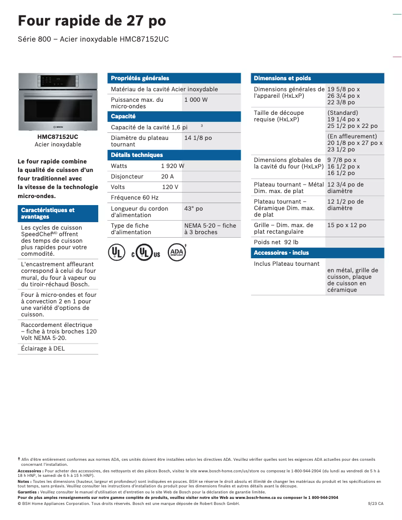 Page 1 de la notice Fiche technique Bosch HMC87152UC