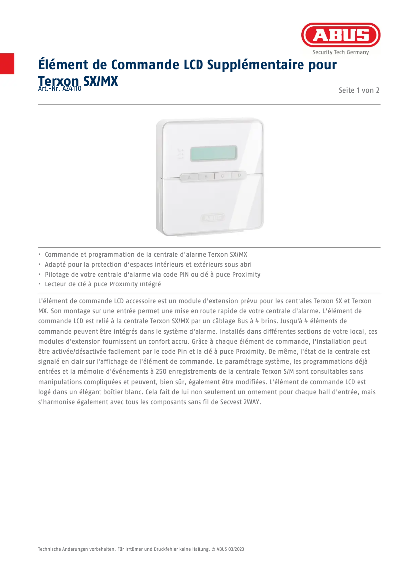 Page 1 de la notice Fiche technique Abus AZ4110