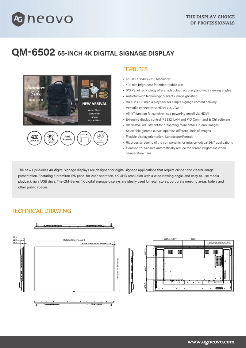 Page 1 de la notice Fiche technique AG Neovo QM-6502
