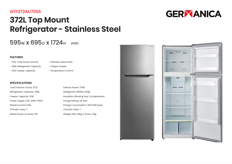 Page 1 de la notice Fiche technique Germanica GTF372AU70SS