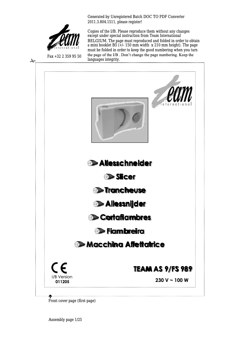 Page n°1 - Manuel utilisateur Team FS 989