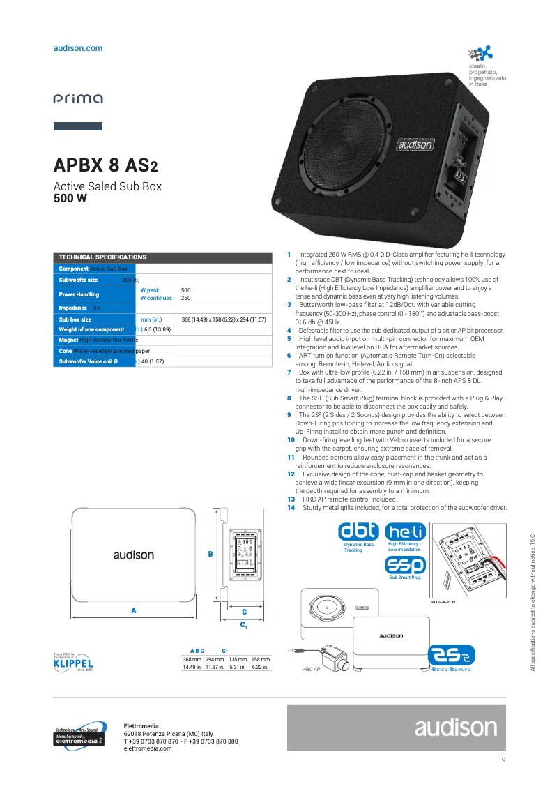 Page 1 de la notice Fiche technique Audison Prima APBX 8 AS2