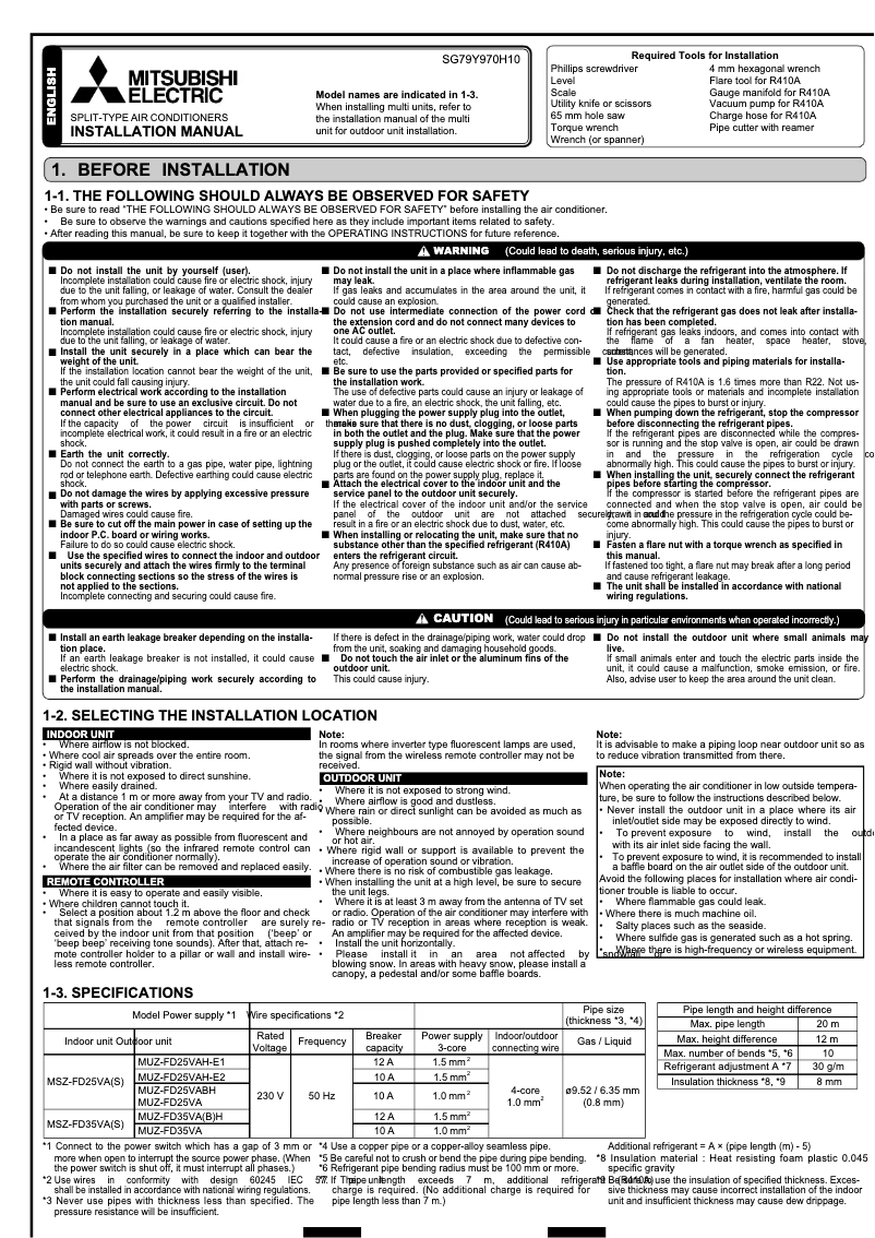 Page 1 de la notice Manuel utilisateur Mitsubishi MUZ-FD35VA