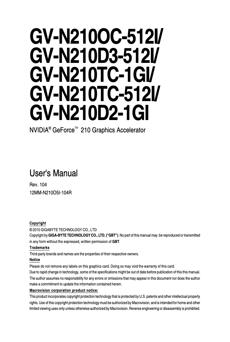 Page 1 de la notice Manuel utilisateur Gigabyte GV-N210D2-1GI