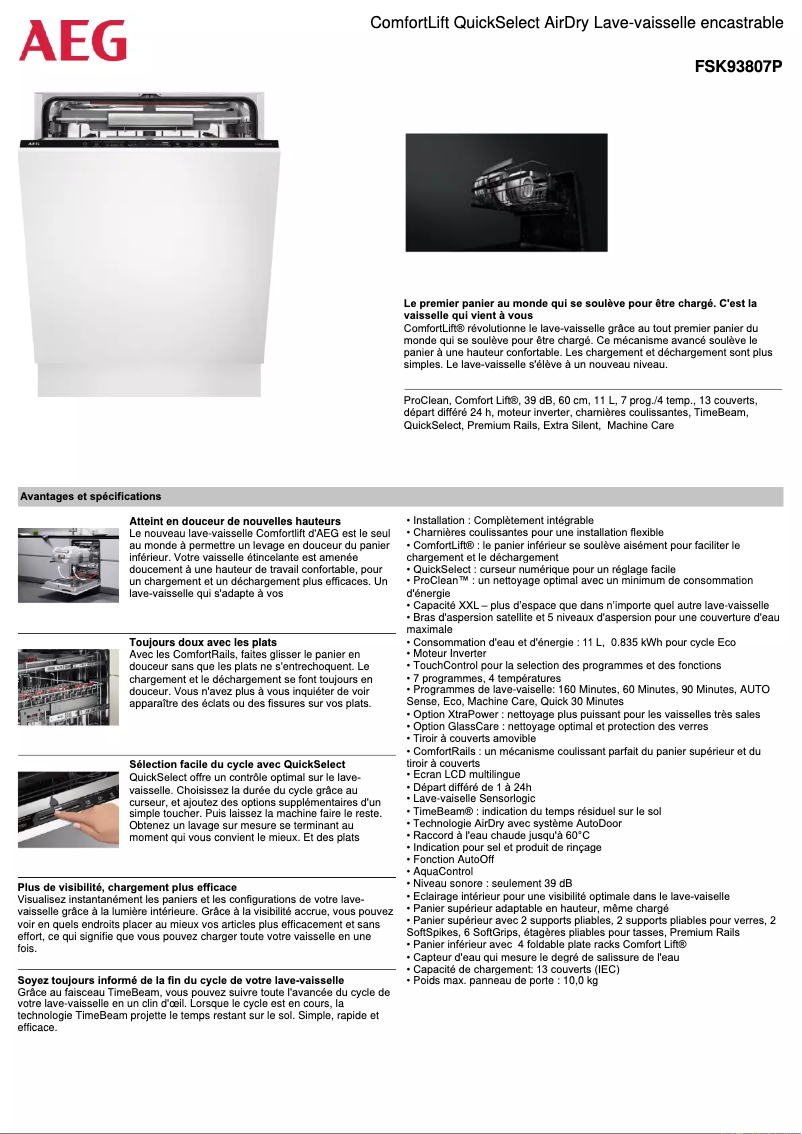 Page 1 de la notice Fiche technique AEG FSK93807P
