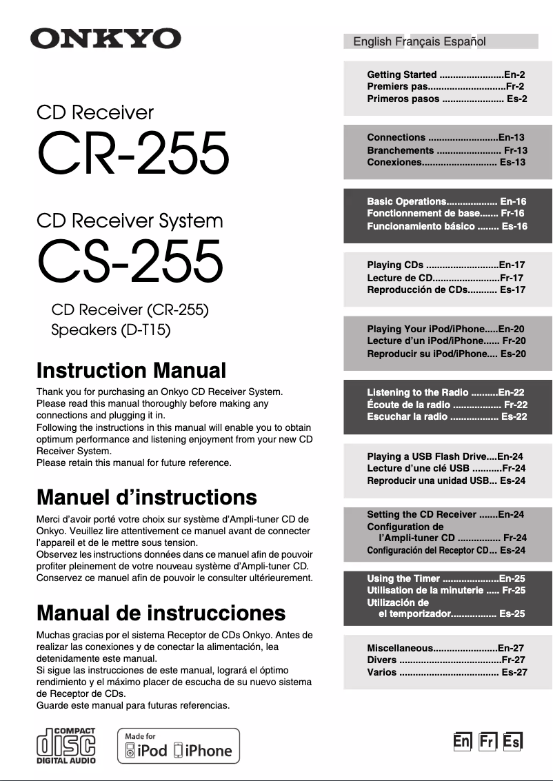 Page 1 de la notice Manuel utilisateur Onkyo CS-255