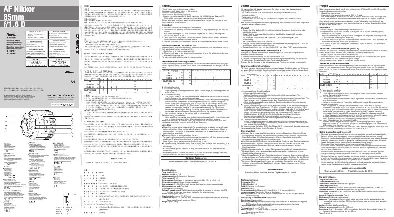 Page 1 de la notice Manuel utilisateur Nikon AF-D 85mm f/1.8