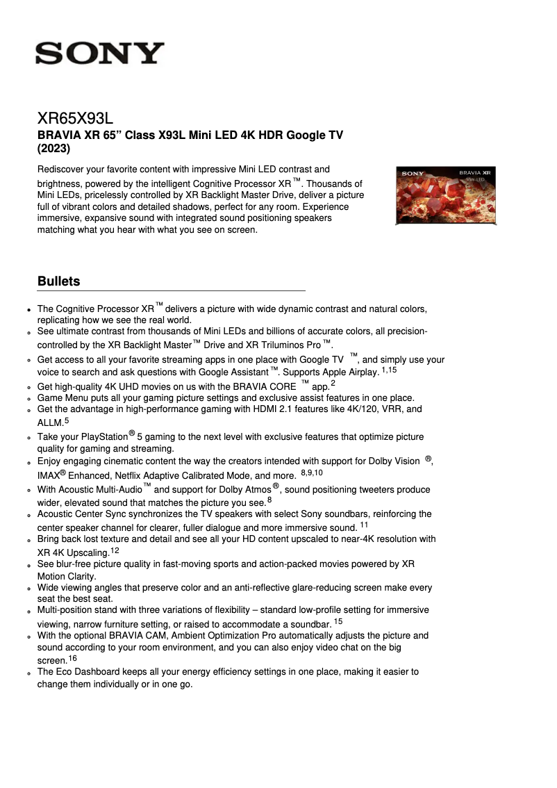 Página 1 del manual Ficha técnica Sony XR-65X93L