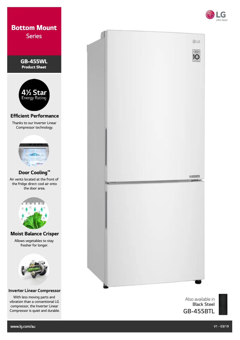 Page 1 de la notice Fiche technique LG GB-455WL