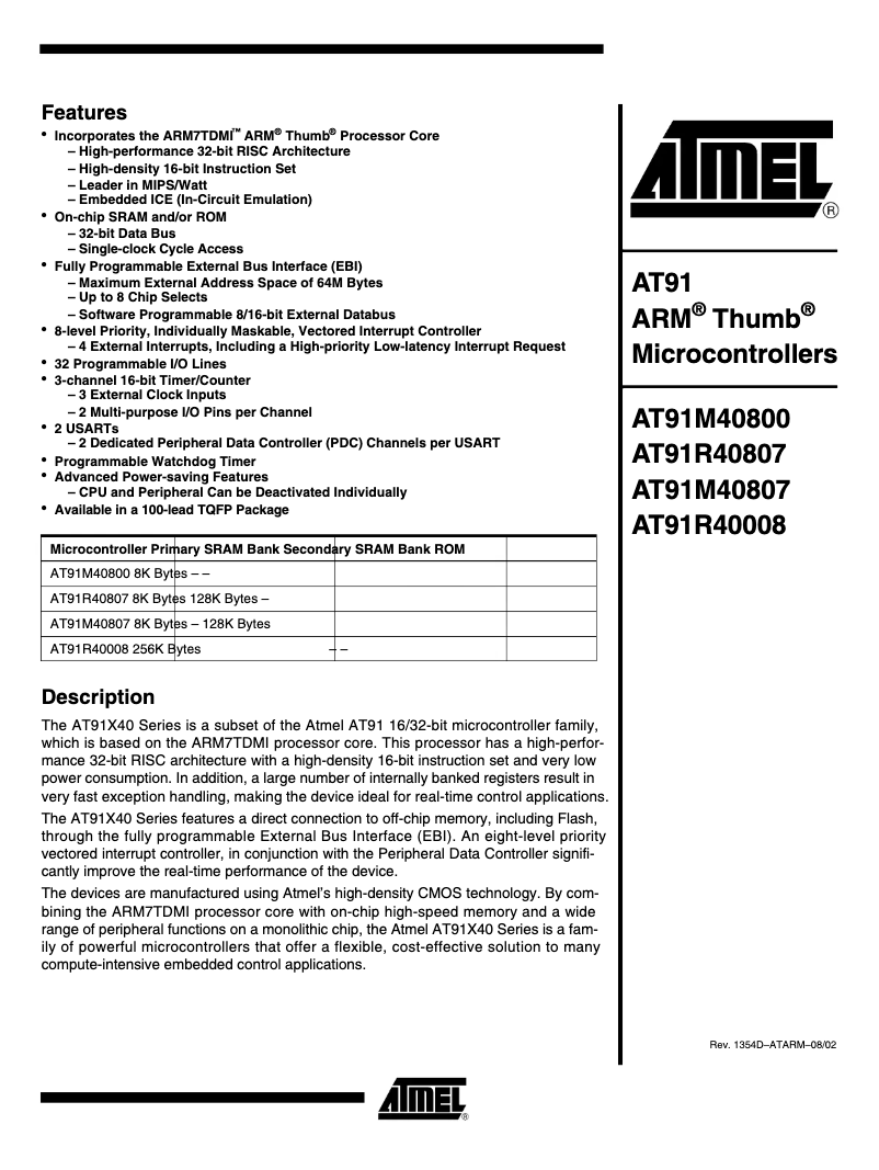Page 1 de la notice Fiche technique Microchip AT91M55800A