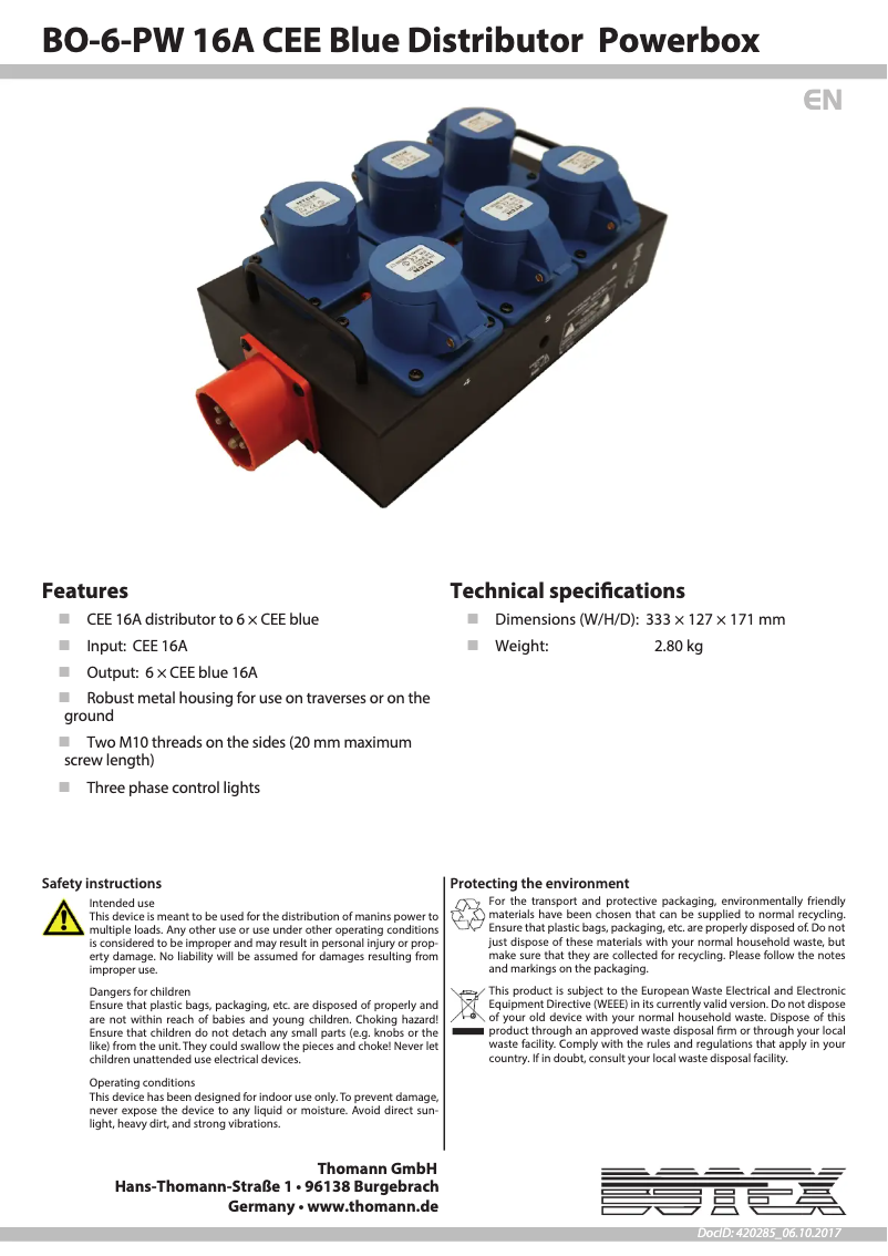 Page 1 de la notice Manuel utilisateur Botex BO-6-PW 16A CEE