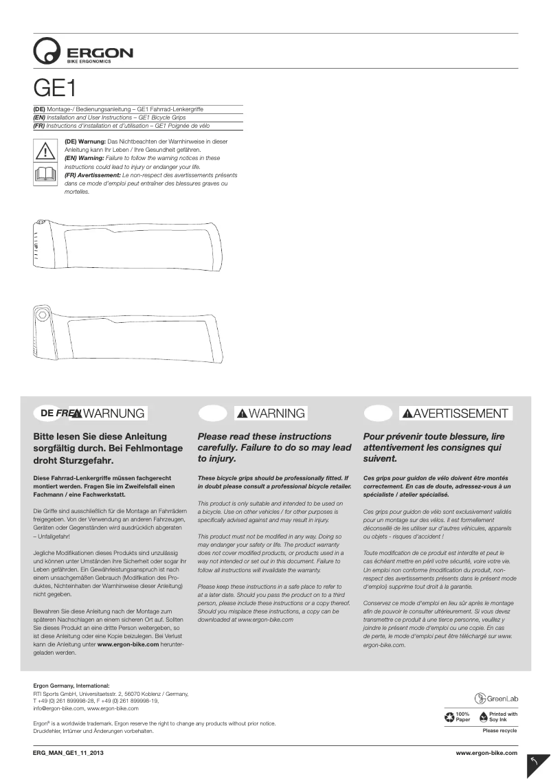 Page 1 de la notice Manuel utilisateur Ergon GE1 slim