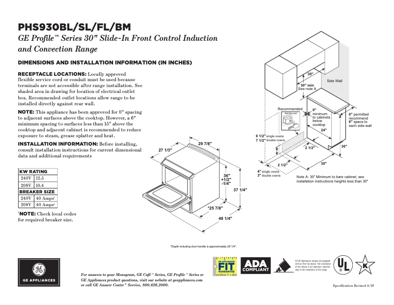 Page n°1 - Fiche technique GE PHS930BLTS
