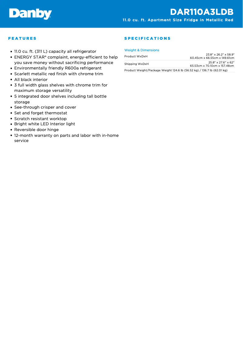Page 1 de la notice Fiche technique Danby DAR110A3LDB