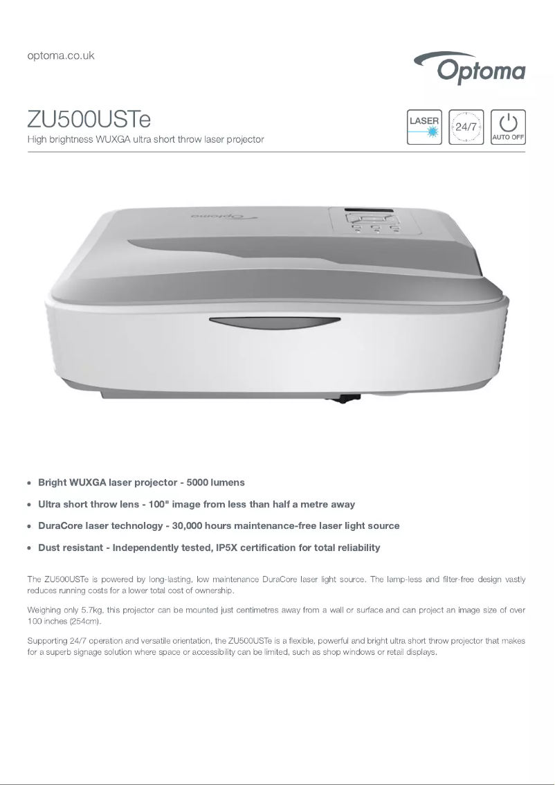 Page 1 de la notice Fiche technique Optoma ZU500USTe