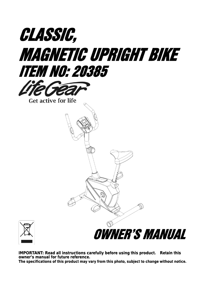 Page 1 de la notice Manuel utilisateur Life Gear Classic Magnetic Upright Bike 20385