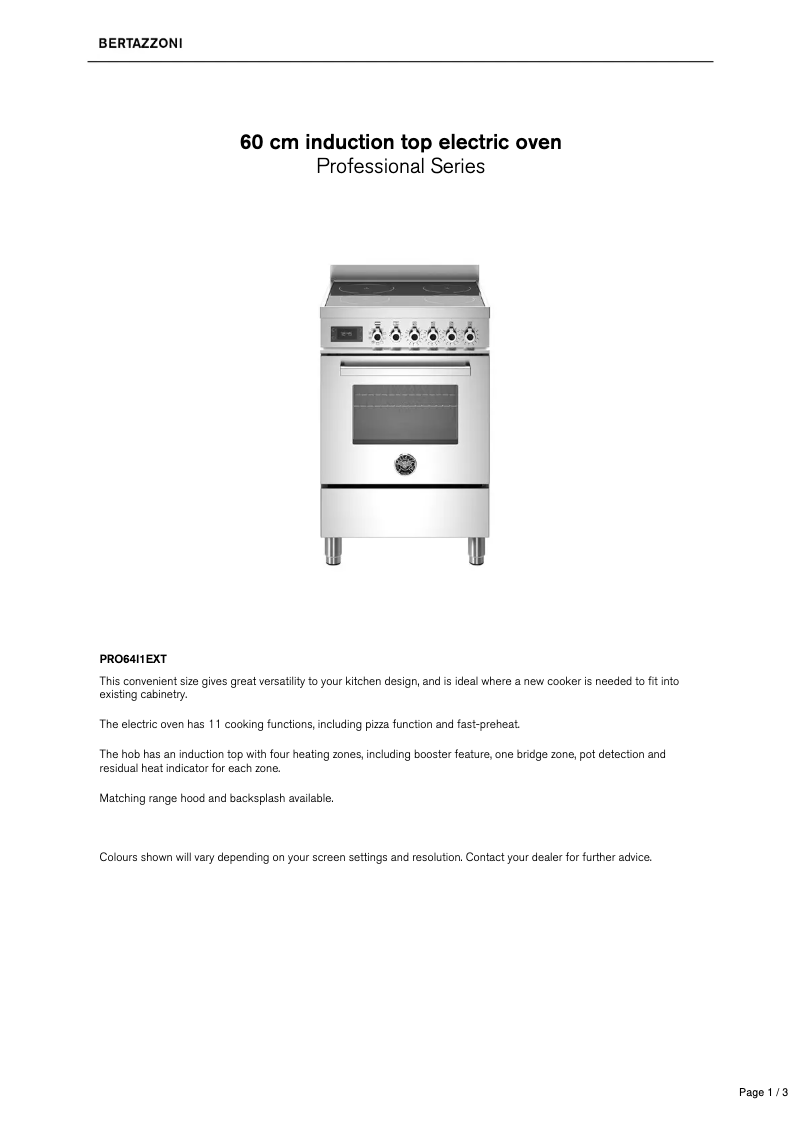 Page 1 de la notice Fiche technique Bertazzoni PRO64I1EXT
