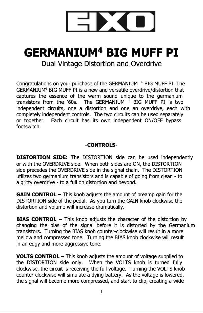 Page 1 de la notice Manuel utilisateur Electro Harmonix Germanium 4 Big Muff Pi