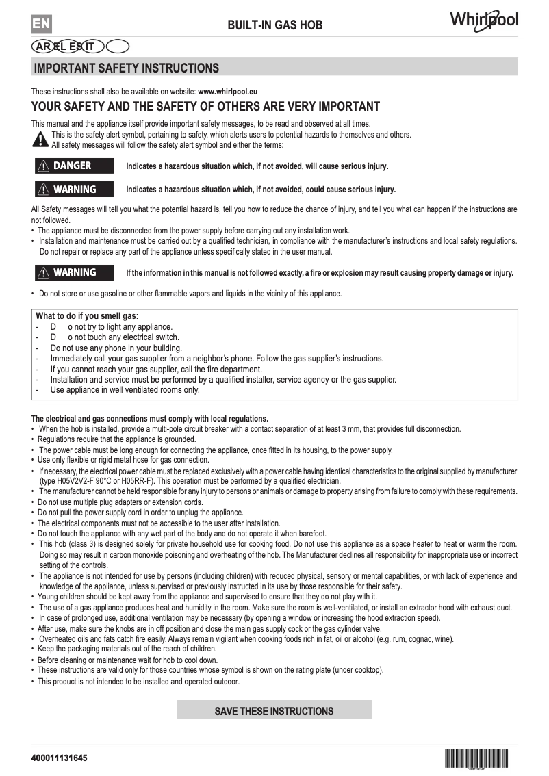 Page 1 de la notice Manuel utilisateur Whirlpool GMA 7522/IXL