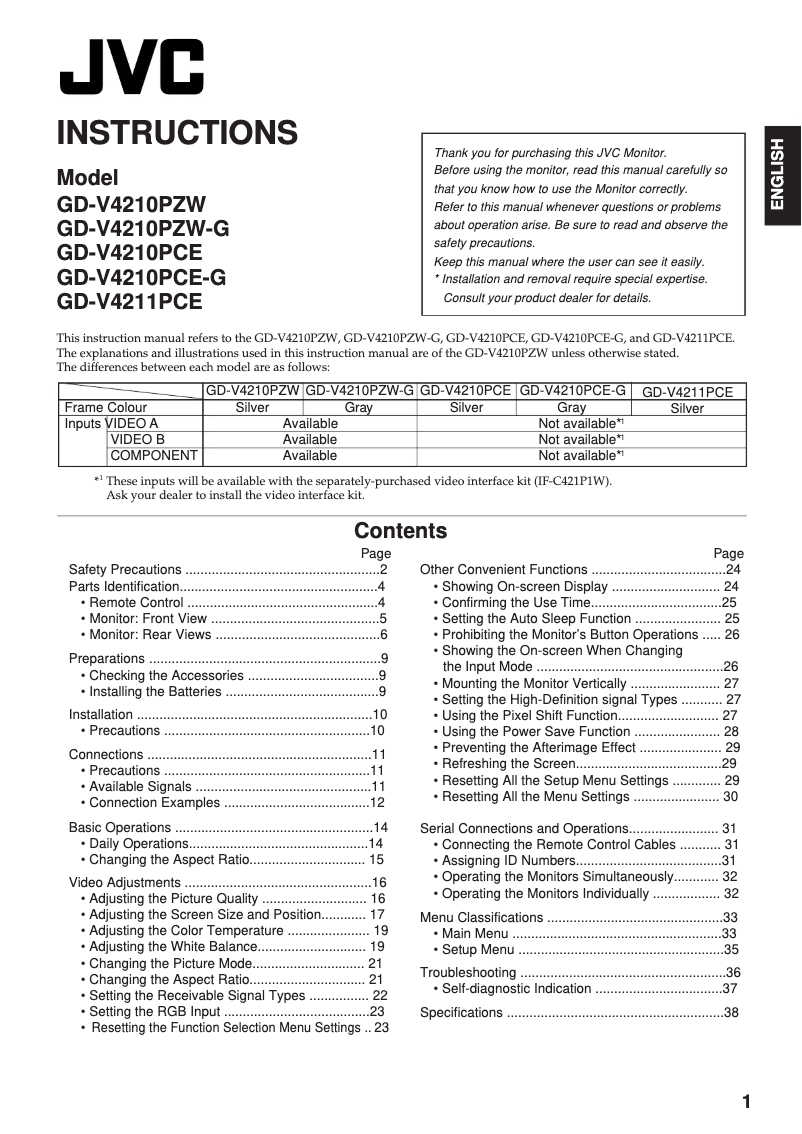 Page n°1 - Manuel utilisateur JVC GD-V4210PZW