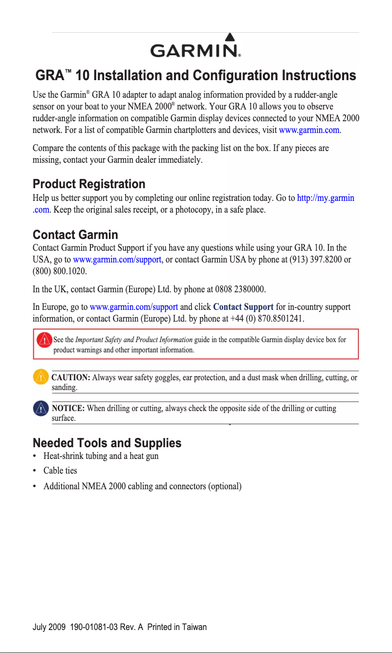Page 1 de la notice Manuel utilisateur Garmin GRA 10