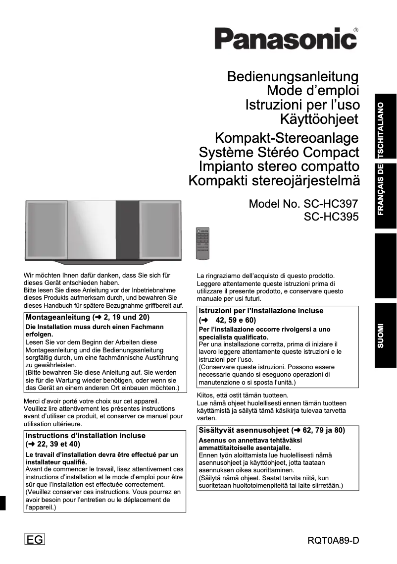 Page 1 de la notice Manuel utilisateur Panasonic SC-HC397
