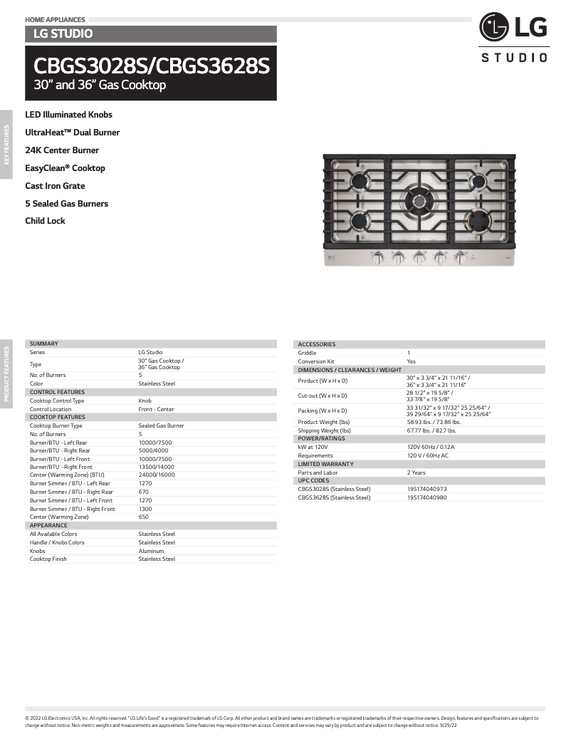 Página 1 del manual Ficha técnica LG CBGS3628S