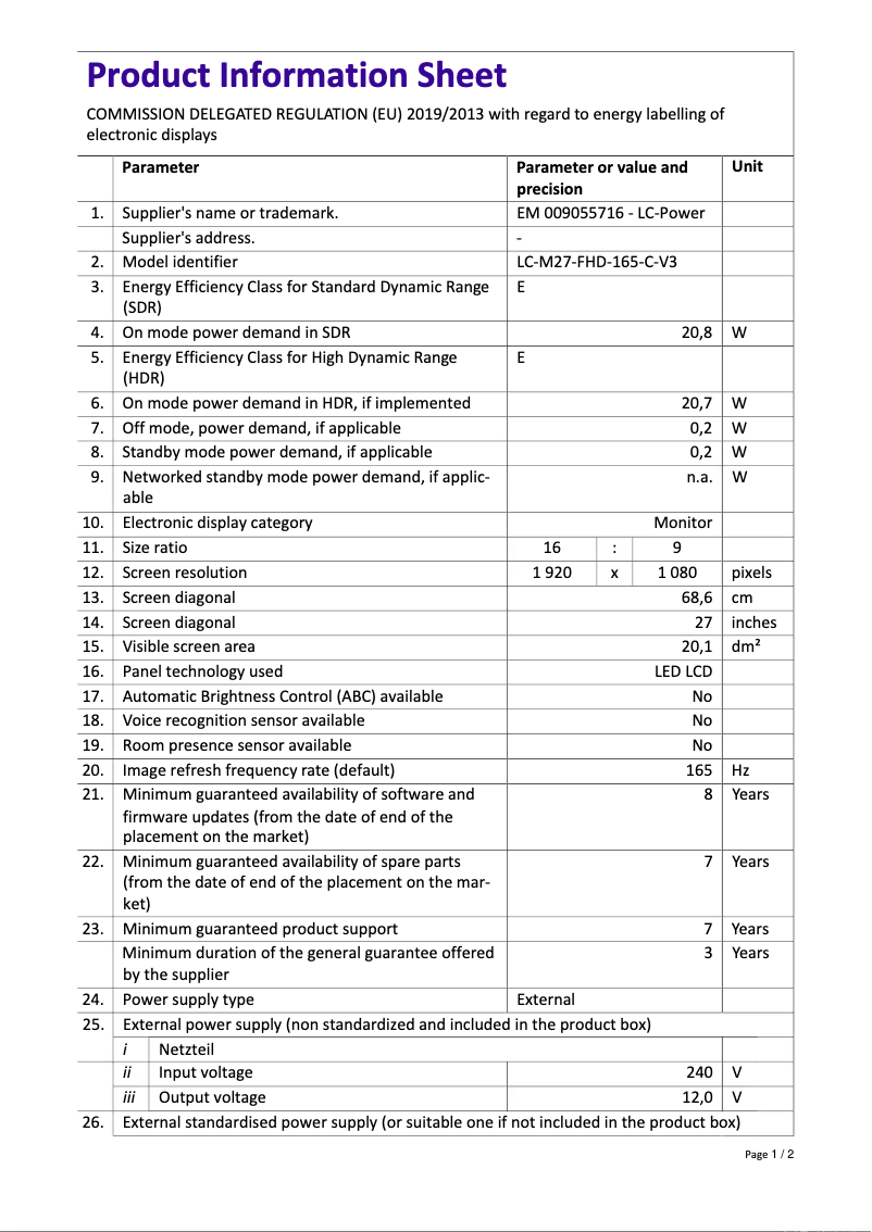 Image de la première page du manuel de l'appareil LC-M27-FHD-165-C-V3