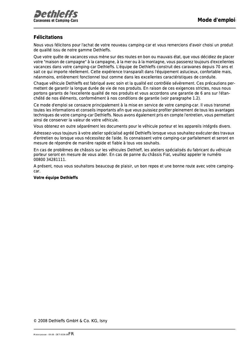 Page 1 de la notice Manuel utilisateur Dethleffs Motorhome (2009)
