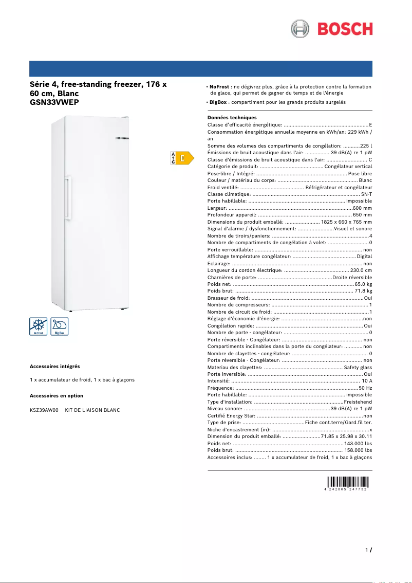 Page 1 de la notice Fiche technique Bosch GSN33VWEP