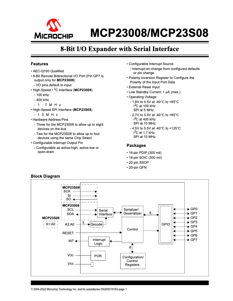 Page 1 de la notice Manuel utilisateur Microchip MCP23S08