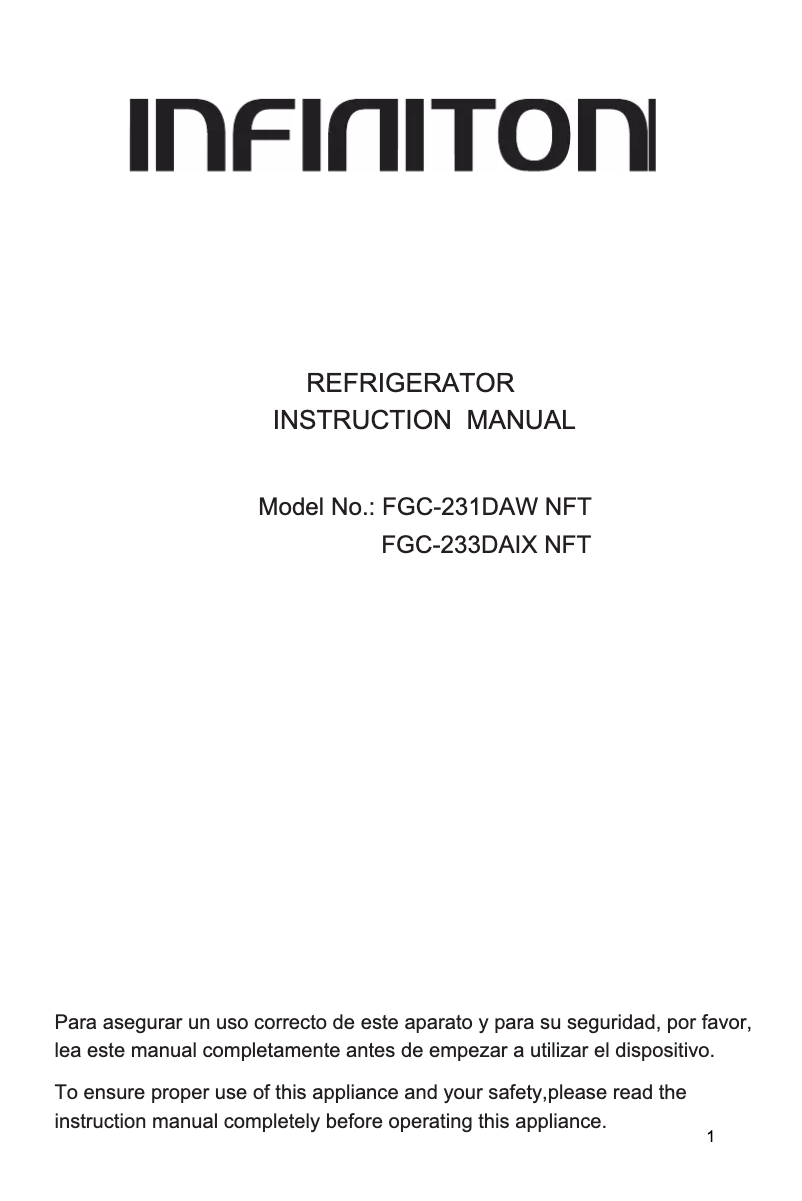 Page 1 de la notice Manuel utilisateur Infiniton FGC-231DAW NFT
