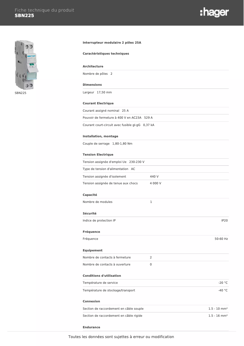 Page n°1 - Fiche technique Hager SBN225