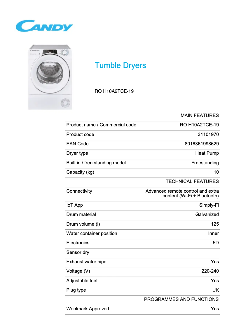 Image de la première page du manuel de l'appareil RO H10A2TCE-19