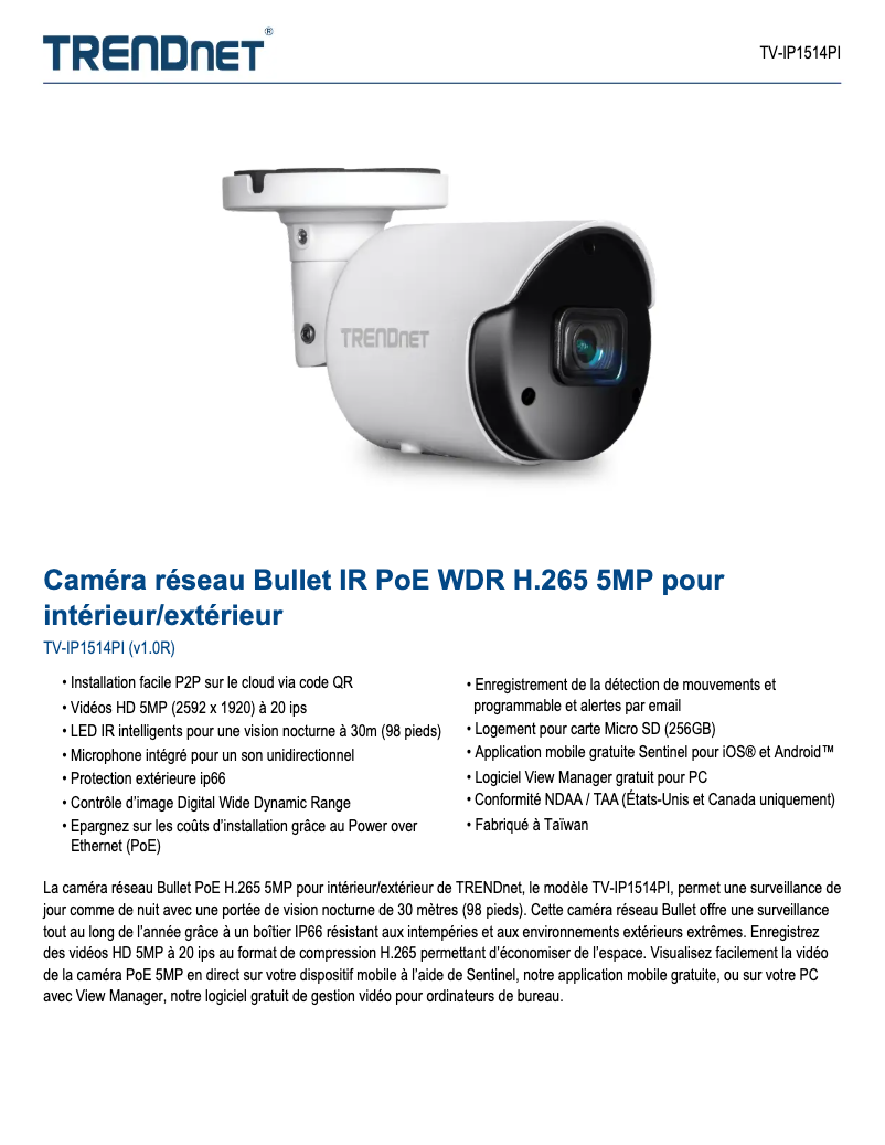 Page n°1 - Fiche technique TRENDnet TV-IP1514PI