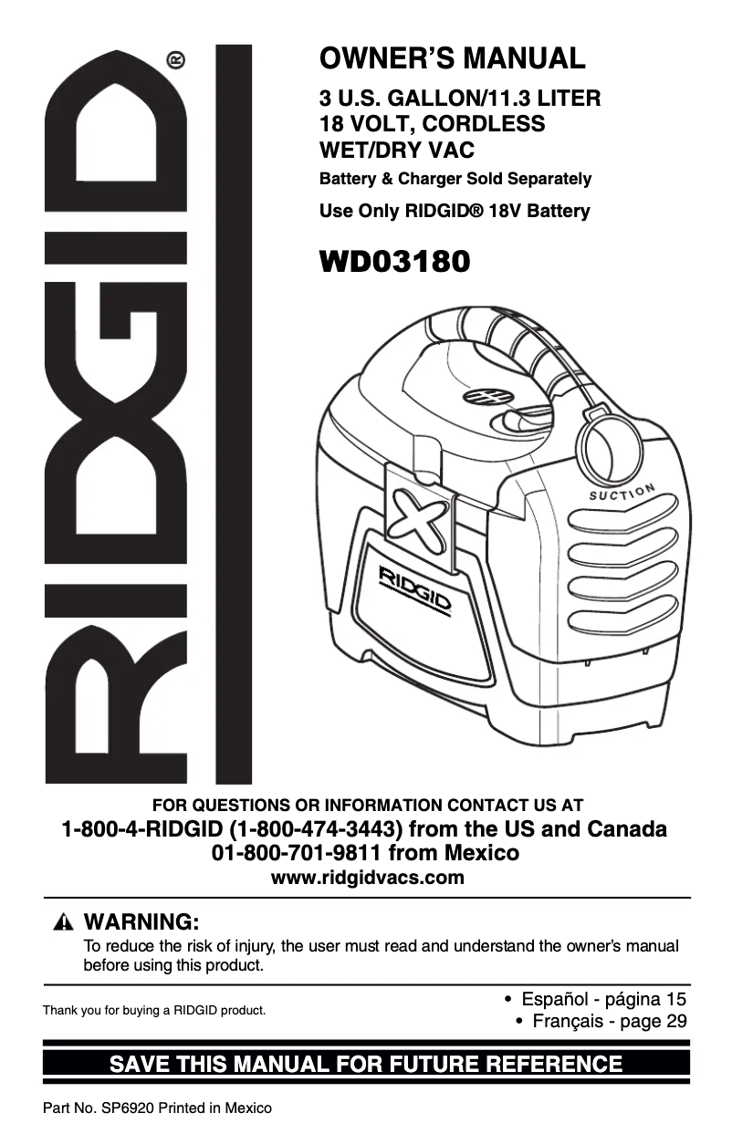 Page 1 de la notice Manuel utilisateur Ridgid WD03180