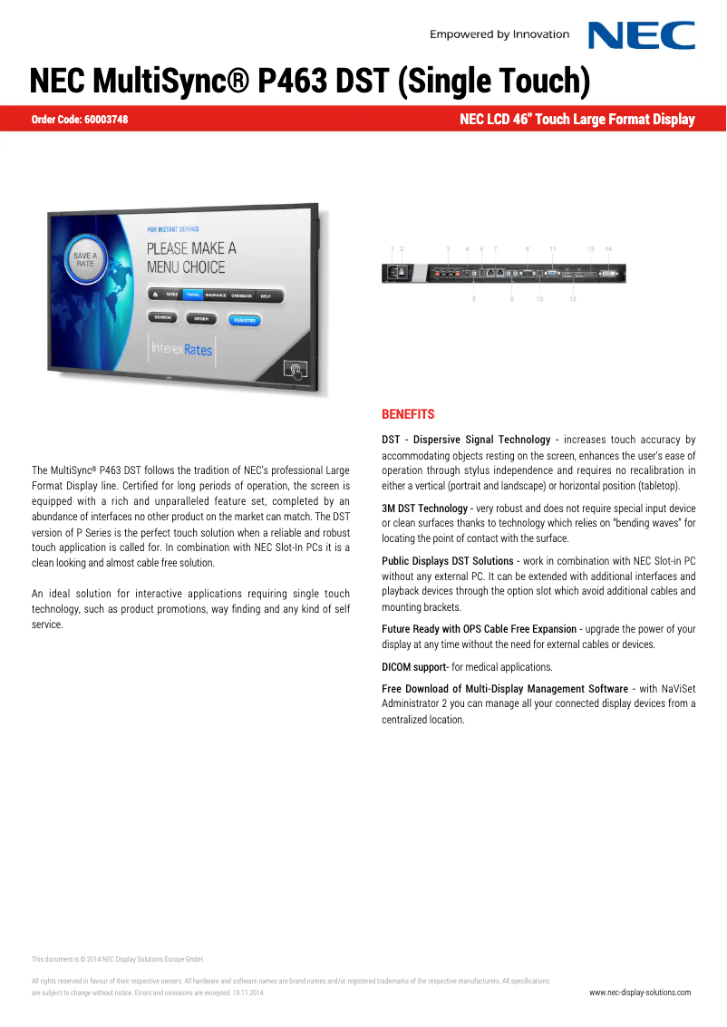 Página 1 del manual Ficha técnica NEC MultiSync P463 DST