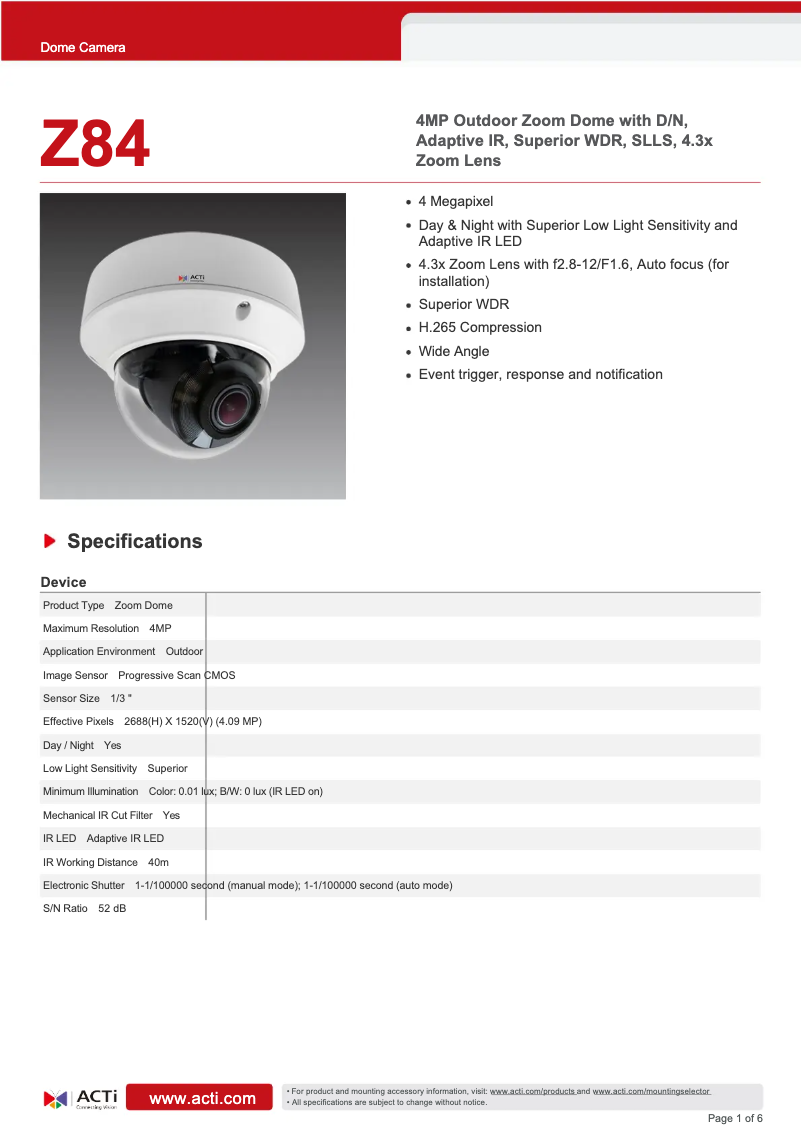 Page 1 de la notice Fiche technique ACTi Z84
