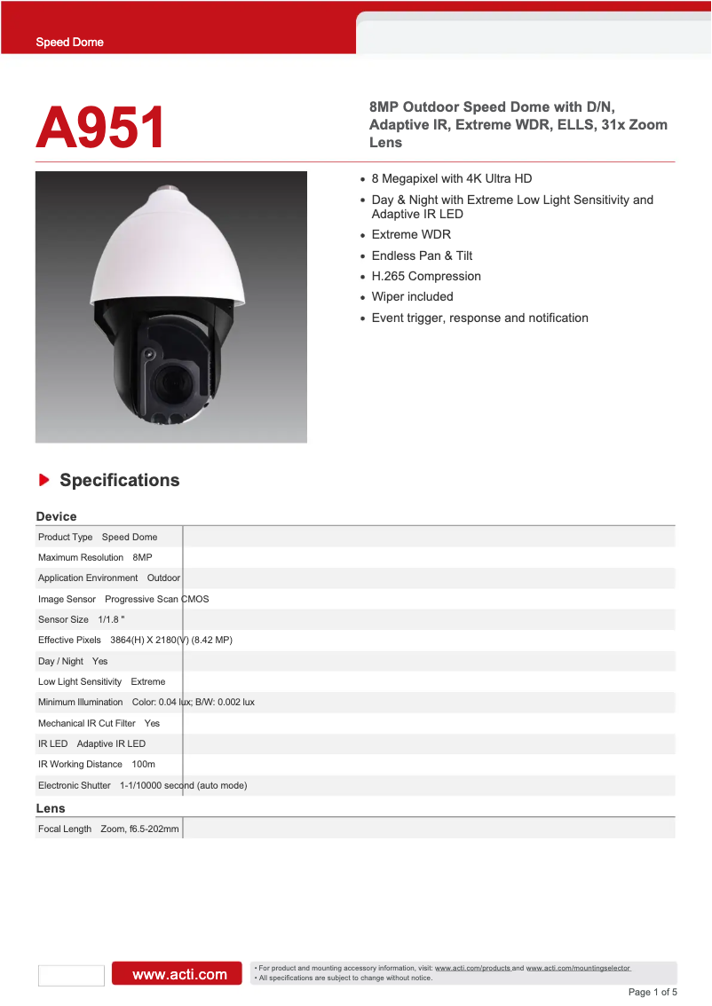 Page 1 de la notice Fiche technique ACTi A951