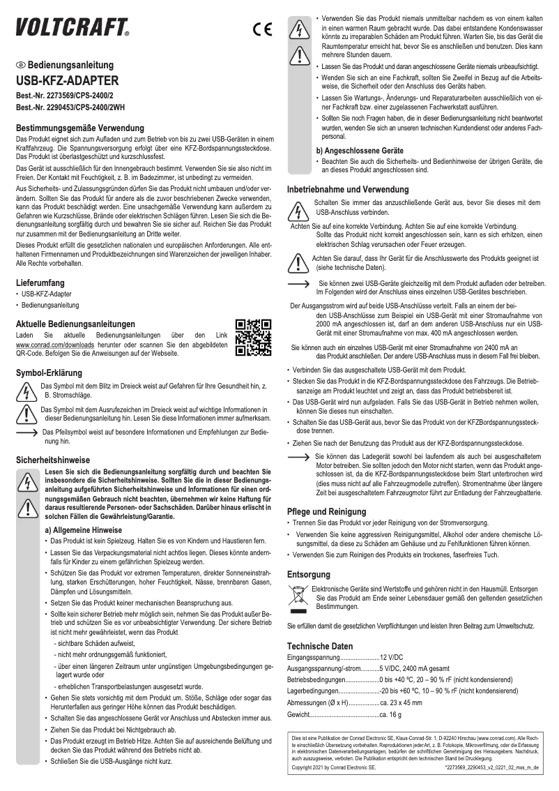Page 1 de la notice Manuel utilisateur Voltcraft CPS-2400/2