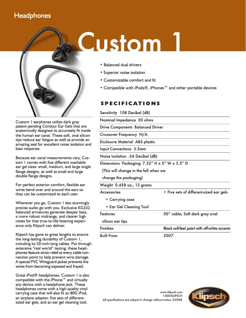 Page 1 de la notice Fiche technique Klipsch Custom 1