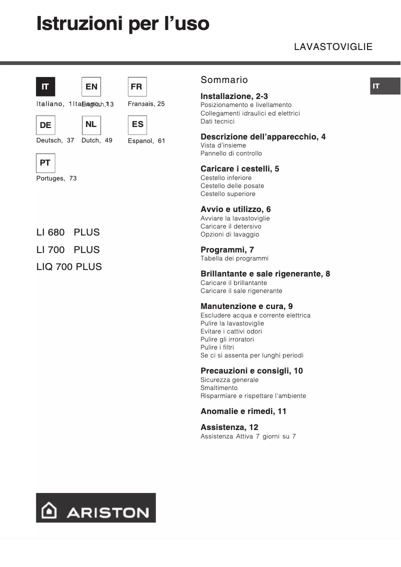 Page 1 de la notice Manuel utilisateur Hotpoint Ariston LI 680 Plus