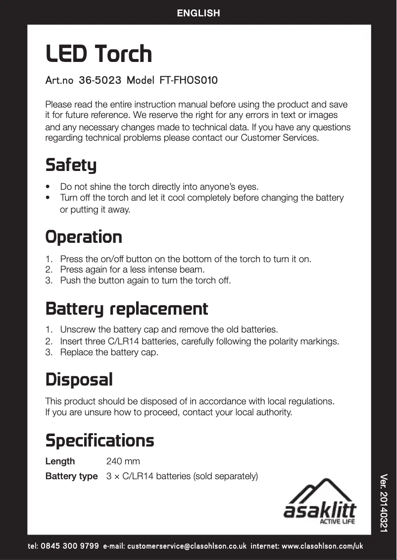 Page 1 de la notice Manuel utilisateur Asaklitt FT-FHOS010