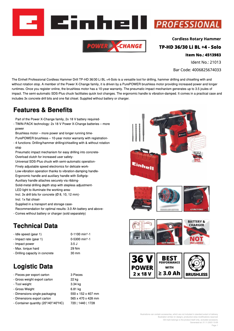Page 1 de la notice Fiche technique Einhell TP-HD 36/30 Li BL