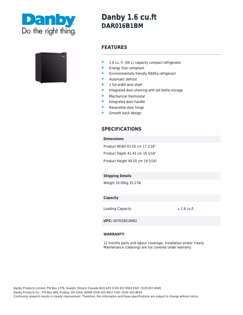 Page 1 de la notice Fiche technique Danby DAR016B1BM