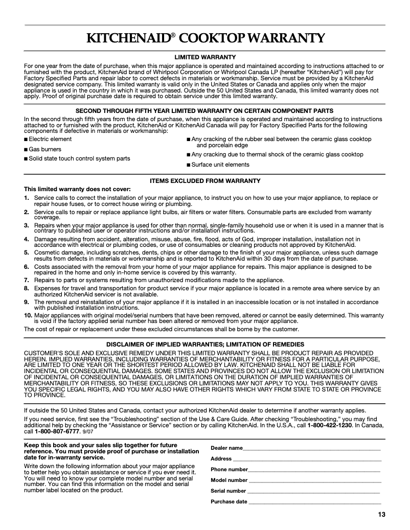 Page 1 de la notice Informations de garantie KitchenAid Architect KICU509XSS