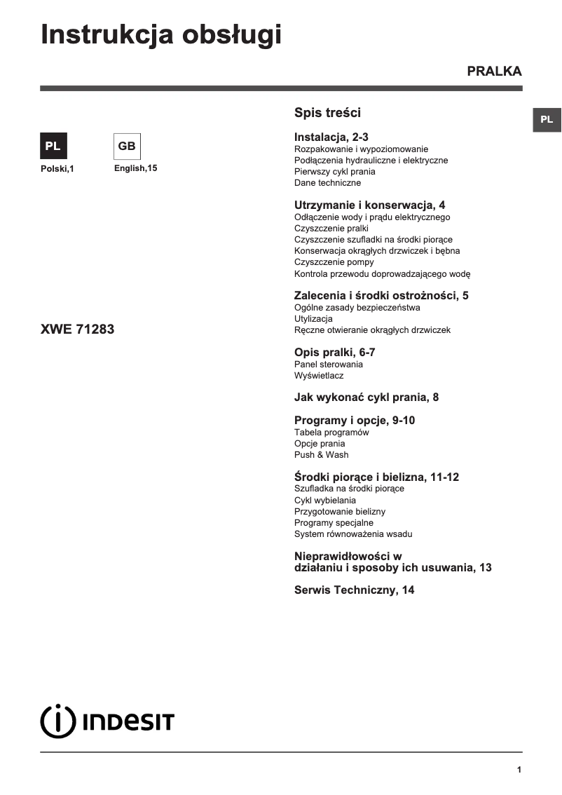 Page n°1 - Manuel utilisateur Indesit XWE 71283X WWGG PL