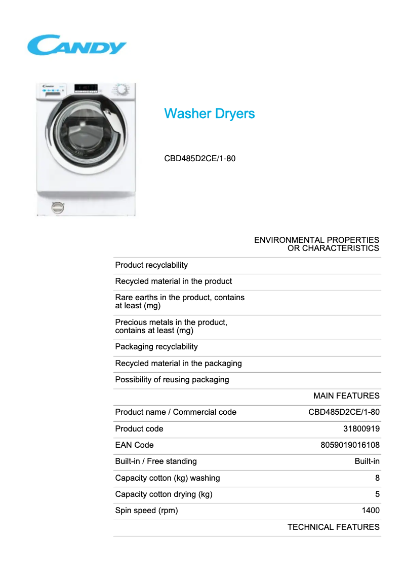 Page 1 de la notice Fiche technique Candy CBD485D2CE/1-80