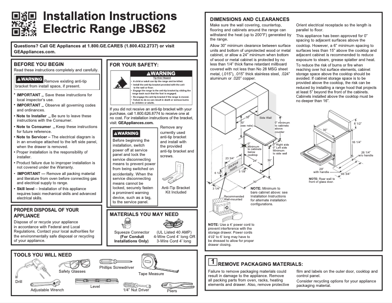 Page 1 of the manual Installation Guide GE JBS62RWSS
